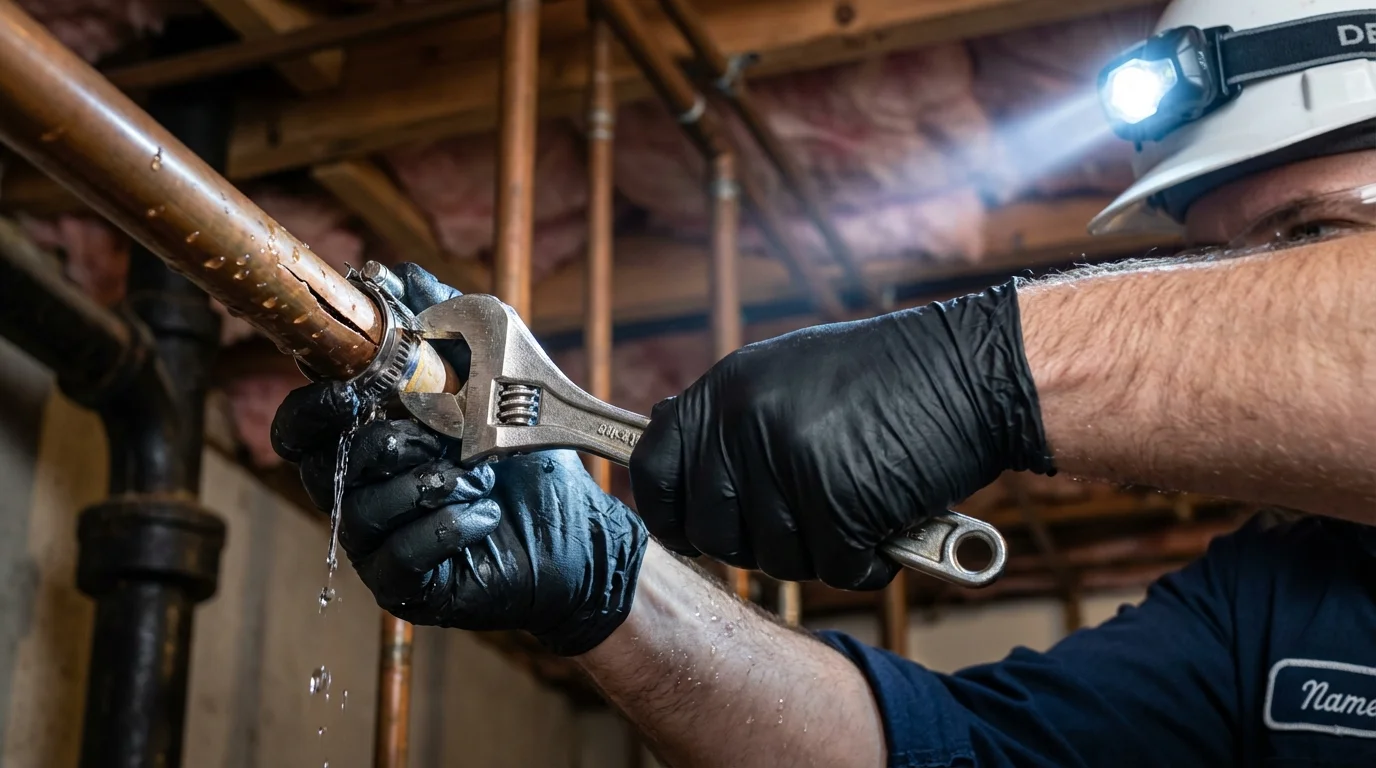 Emergency pipe clamp repair being performed by a Johns Plumbing LLC plumber in Naples